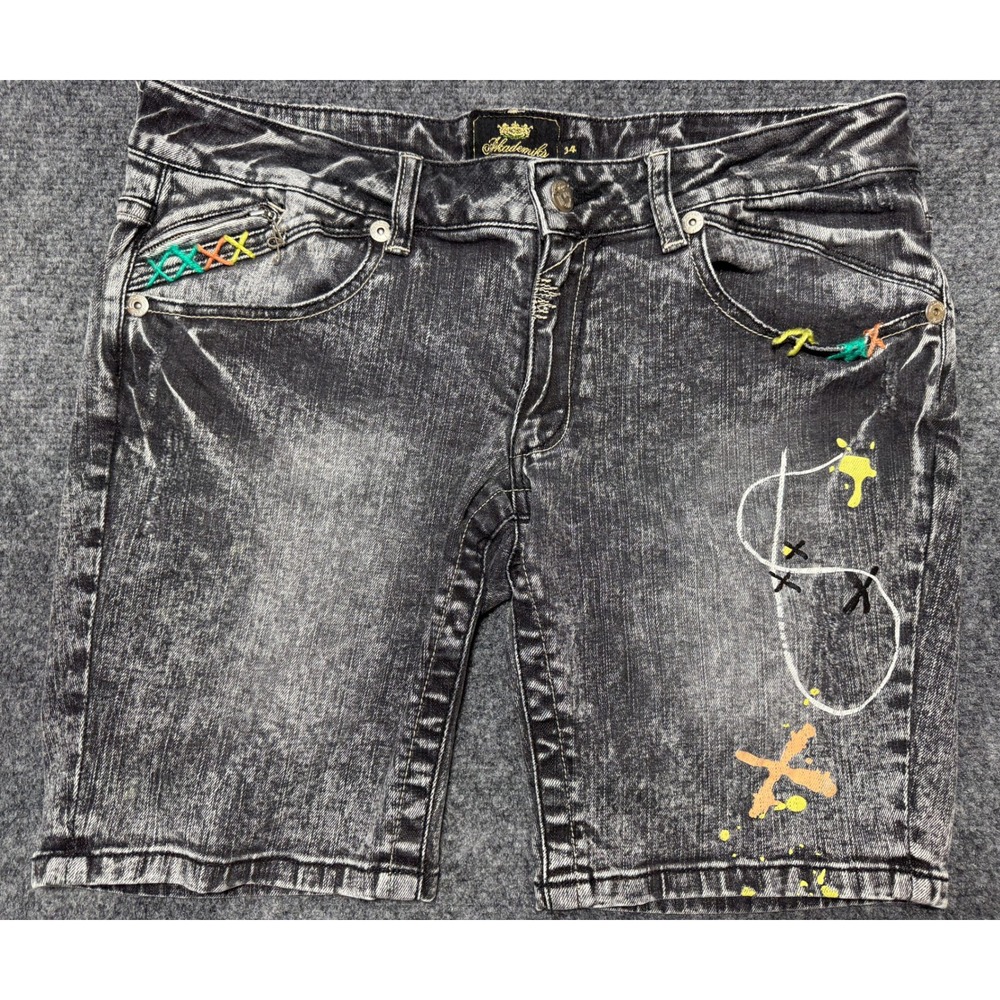 Akademiks Mens Black Acid Wash Denim Shorts Embroidered Y2K N48P141 Size 34